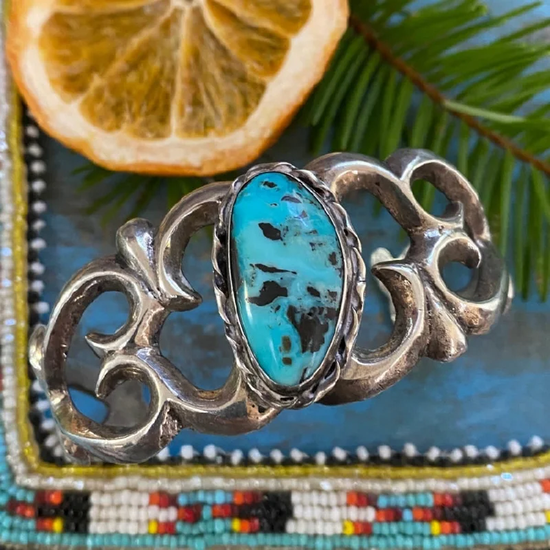 women bangle bracelets -Navajo Tufa Stone Cast 925 Silver Bracelet Carlin Mine Turquoise