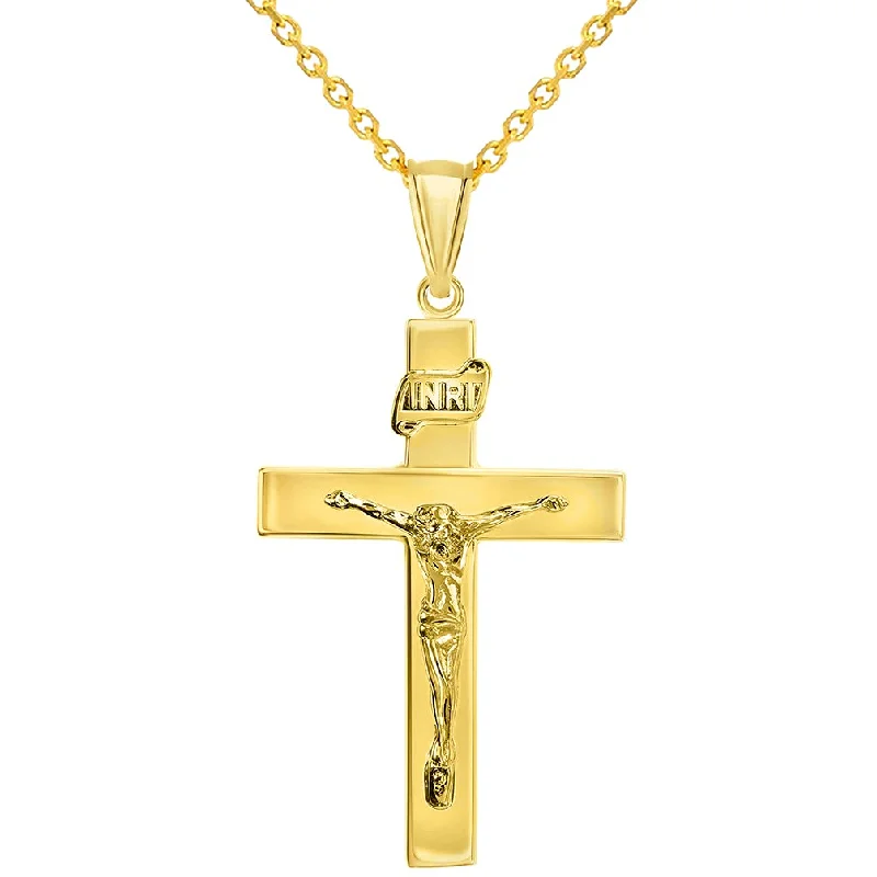 women fashion statement necklaces -14k Yellow Gold 4mm Thick INRI Tubular Crucifix Roman Catholic Cross Pendant With Cable, Curb or Figaro Chain Necklace