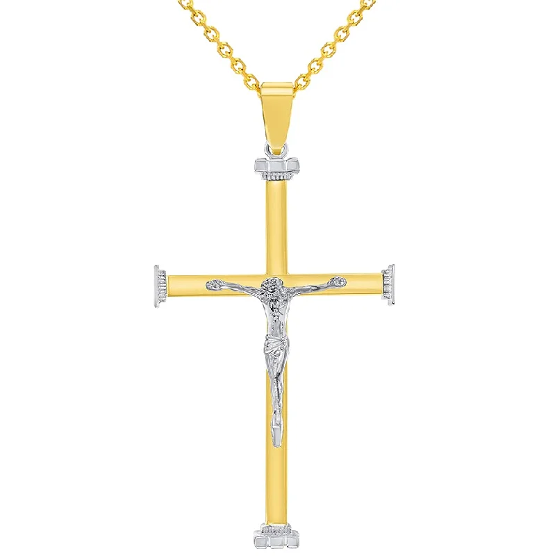 women engraved necklaces -14k Solid Two-Tone Gold 3D Catholic Chrisitan Crucifix Cross Pendant With Cable, Curb or Figaro Chain Necklace