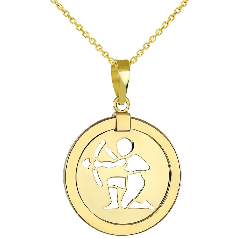 women romantic gift necklaces -14K Yellow Gold Reversible Round Sagittarius Zodiac Sign Pendant With Cable, Curb or Figaro Chain Necklace