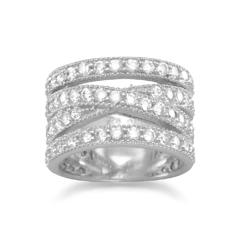 women promise rings -Wide Stacked X Design Band Ring Pave Cubic Zirconia Rhodium on Sterling Silver