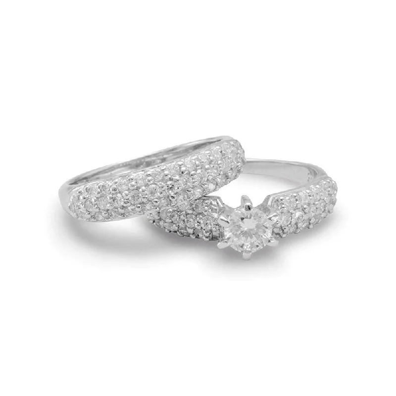 women minimalist rings -Wedding Ring Engagement Set Pave Cubic Zirconia Rhodium on Sterling Silver