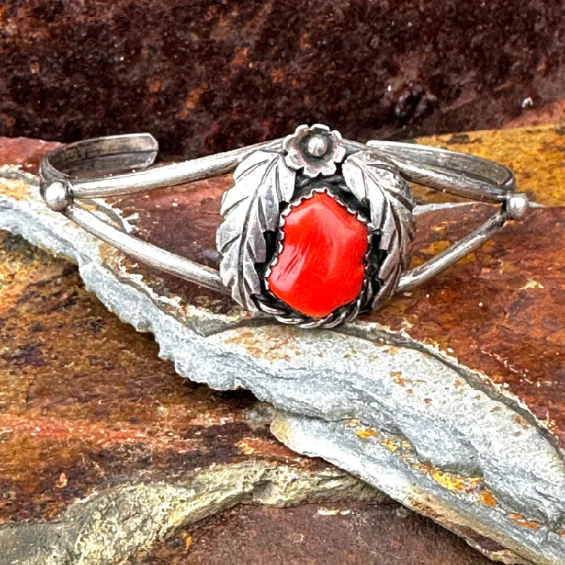 women beaded bangles -Vintage Navajo Sterling Silver Cuff Bracelet Deep Red Coral