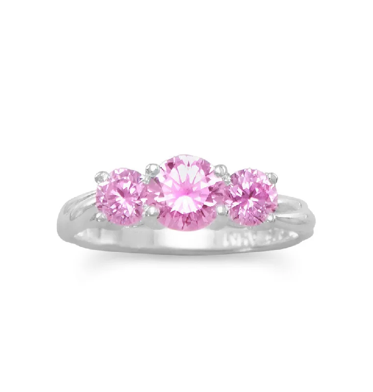 women heart-shaped rings -Three Stone Pink Cubic Zirconia Ring Sizes 4-10 Sterling Silver