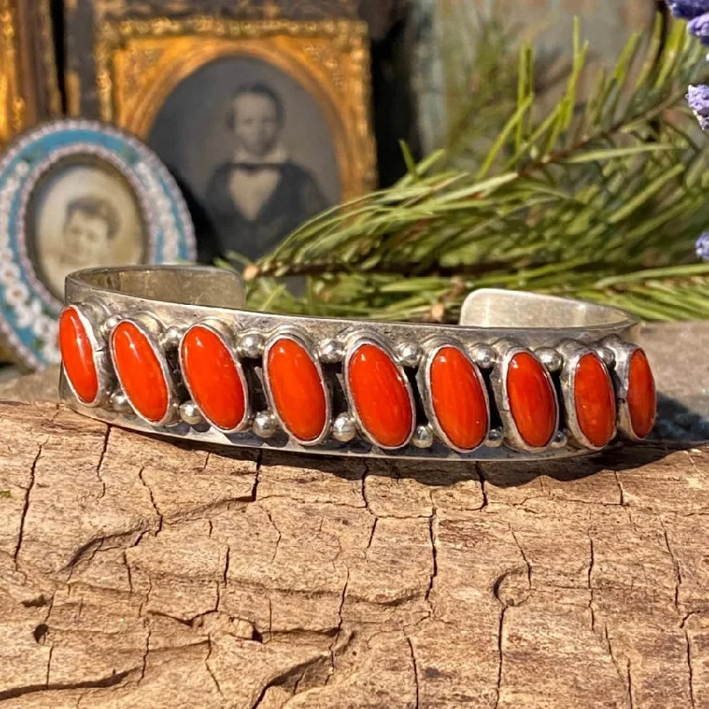 women silver bracelets -Navajo Sterling Silver Red Coral Row Bracelet Daniel Mike