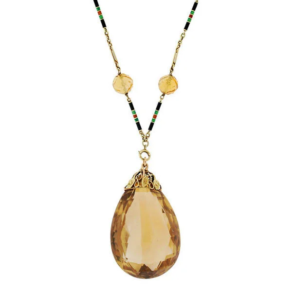 women silver plated necklaces -Art Deco 14kt Large Citrine Drop Enameled Chain Necklace