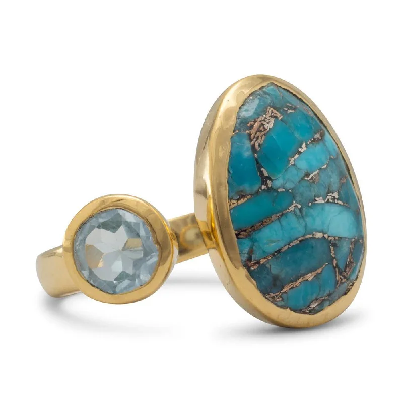 women large statement rings -Blue Topaz and Reconstituted Turquoise Ring Gold-plated Sterling Silver