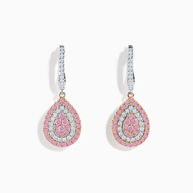 women casual earrings -14K Two Tone Gold Pink and White Diamond Earrings