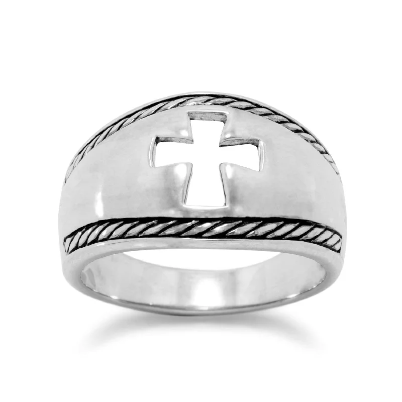 women diamond band rings -Cross Ring with Sterling Silver Cut Out Design Band Mens Womens Sizes 6 to 13