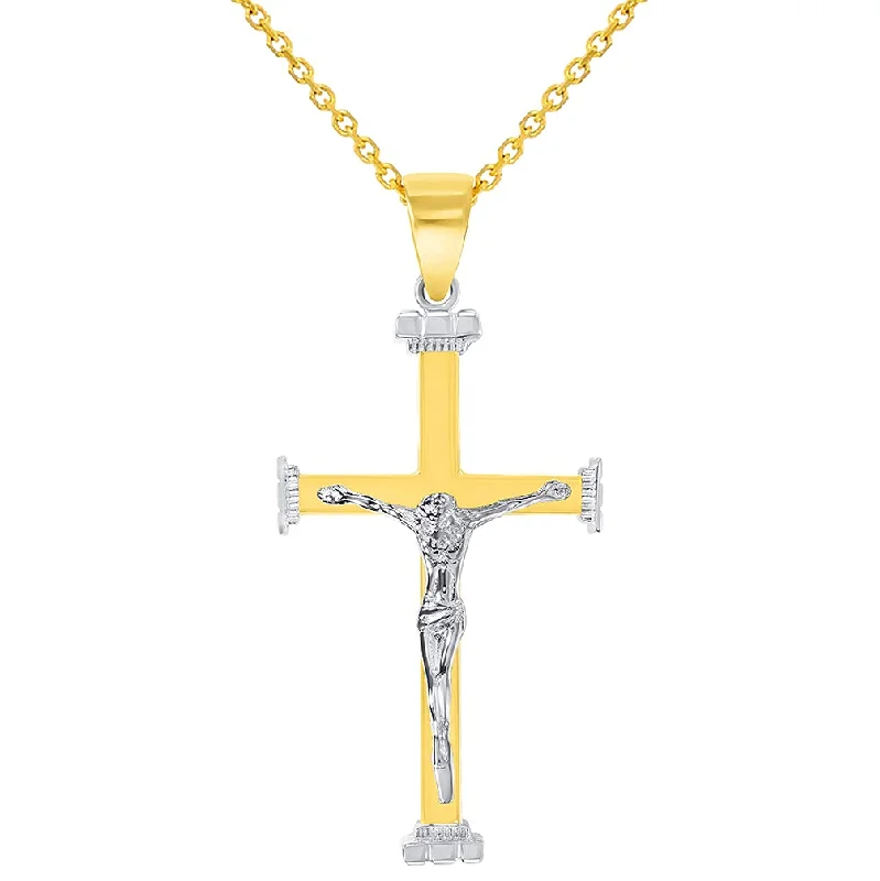 women minimalistic necklaces -14k Solid Two-Tone Gold 3D Religious Crucifix Cross Pendant With Cable, Curb or Figaro Chain Necklace