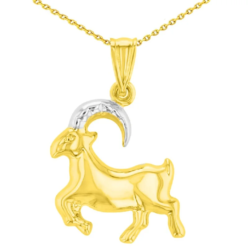 women ruby necklaces -High Polish 14K Yellow Gold Capricorn Zodiac Sign Charm Pendant With Cable, Curb or Figaro Chain Necklace