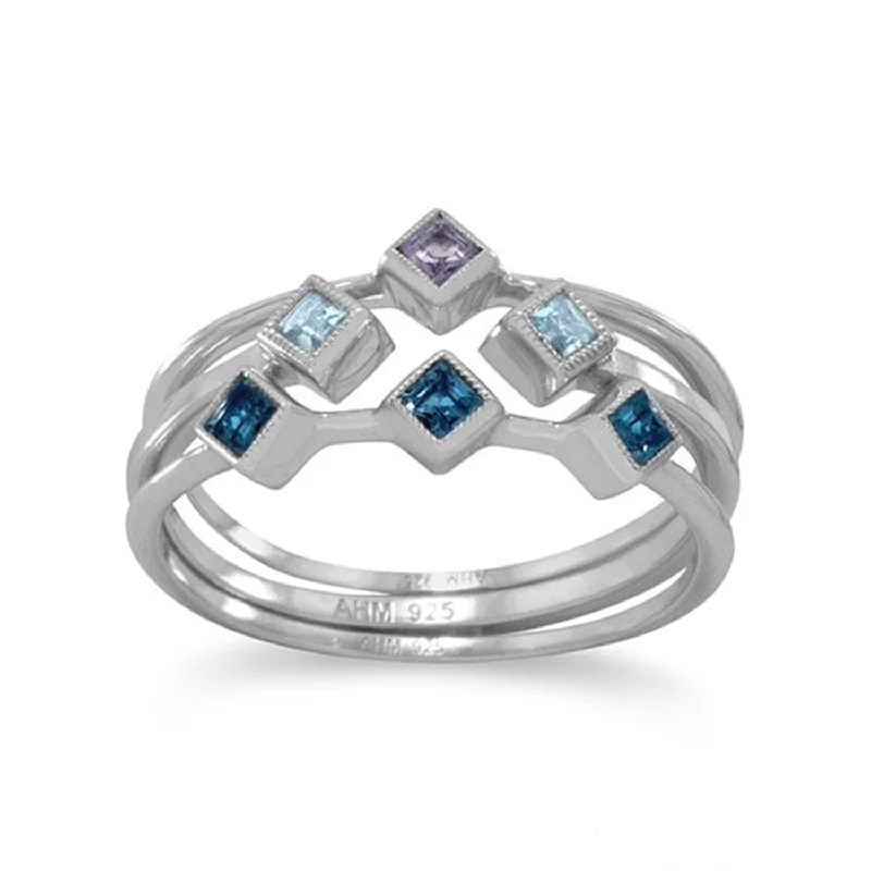 women engraved rings -Set of Three Stackable Rings Iolite and Blue Topaz Rhodium on Sterling Silver