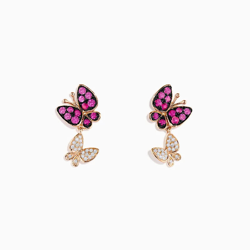 women diamond stud earrings -14K Rose Gold Pink Sapphire and Diamond Butterfly Earrings