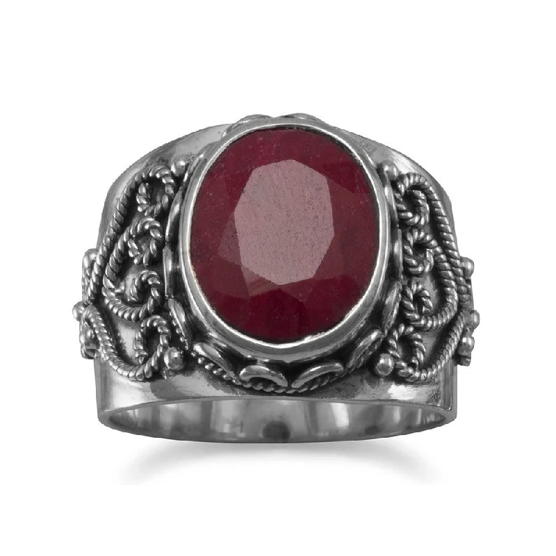 women designer rings -Dyed Red Corundum Ring with Rope Heart Design Sterling Silver