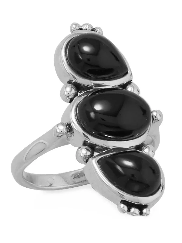 women engraved rings -Sterling Silver Black Onyx Ring with Three Stones Pear and Oval