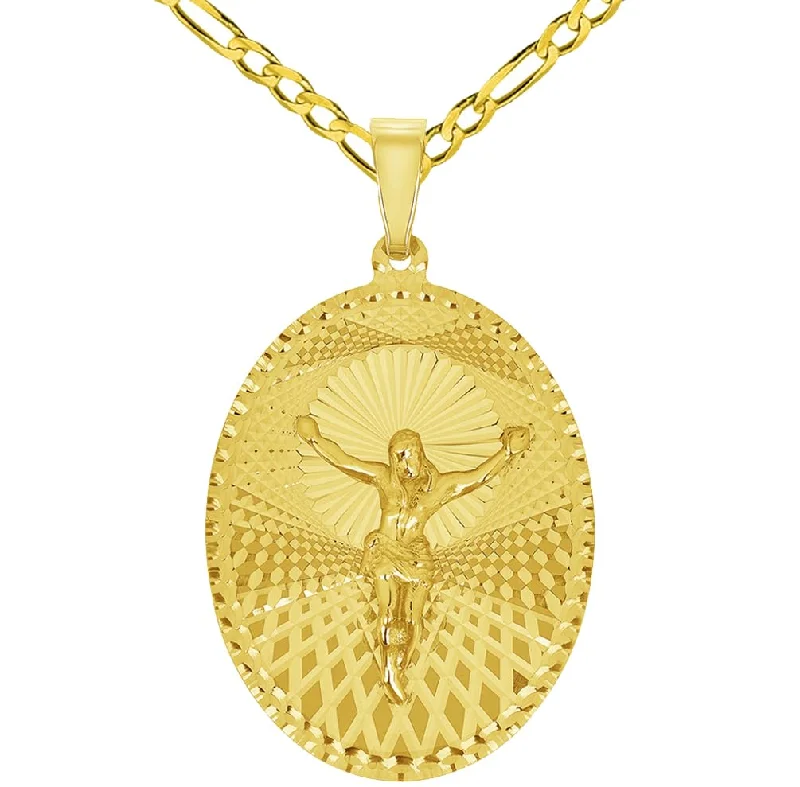 women vintage style necklaces -14k Yellow Gold Oval Shape Jesus Crucifix Textured Medallion Pendant with Figaro Chain Necklace - 4 Sizes