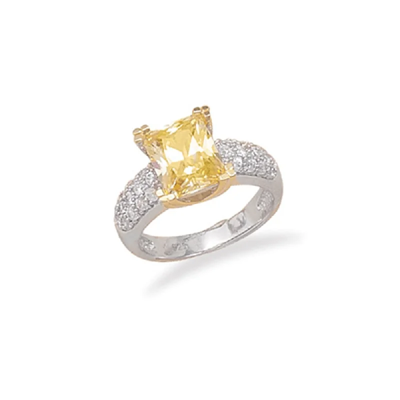 women oval-shaped rings -Yellow Solitaire Cubic Zirconia with Side CZ Accents Rhodium on Sterling Silver