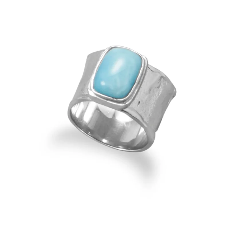 women custom promise rings -Larimar Ring Wide Textured Band Rhodium on Sterling Silver Antiqued Finish