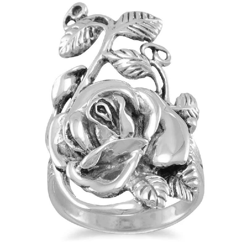 women vintage rings -Rose Flower Ring with Leaves and Vines Antiqued Sterling Silver