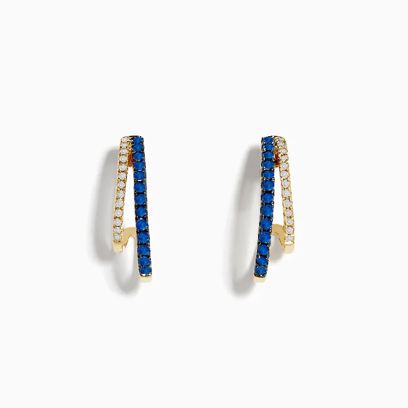 women adjustable earrings -Royal Bleu 14K Yellow Gold Sapphire and Diamond Double Hoop Earrings