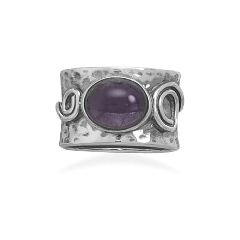 women engagement rings -Oval Amethyst Ring Sterling Silver Wide Band with Scroll Design