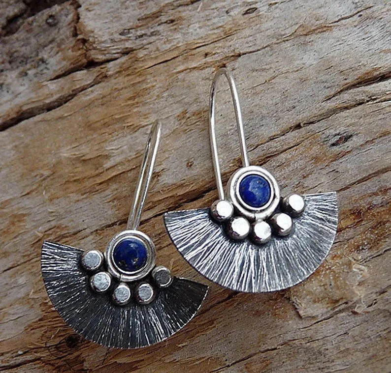 women ruby earrings -Bohemian Silver Fan Earrings with Lapis Lazuli Stone Accent jlt11601