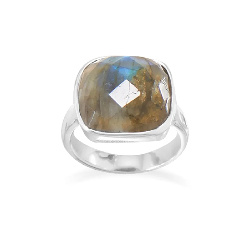 women personalized wedding rings -Labradorite Ring with Checkerboard Cut Soft Square Sterling Silver