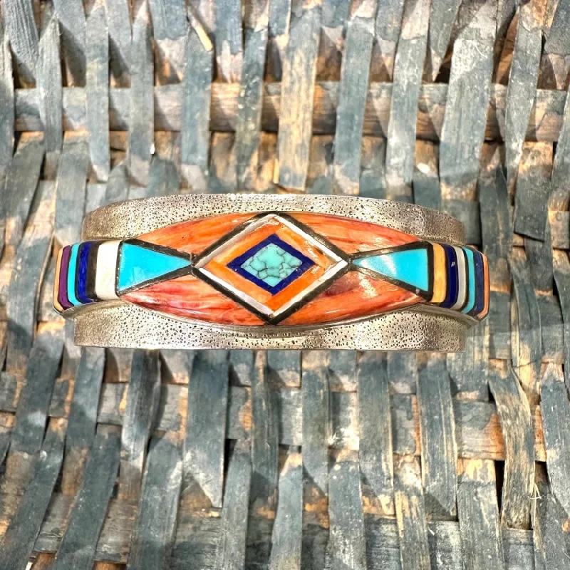 women bangle bracelets set -Vintage Southwestern Channel Inlay Sterling Silver Cuff Bracelet