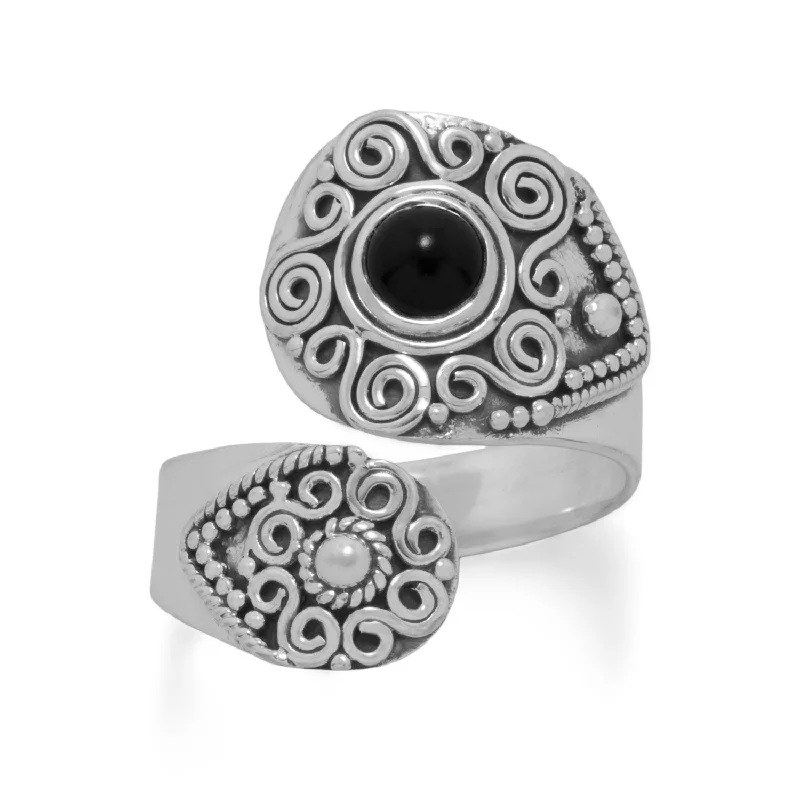 women eco-friendly rings -Black Onyx Wrap Spoon Ring with Bead and Scroll Design Sterling Silver