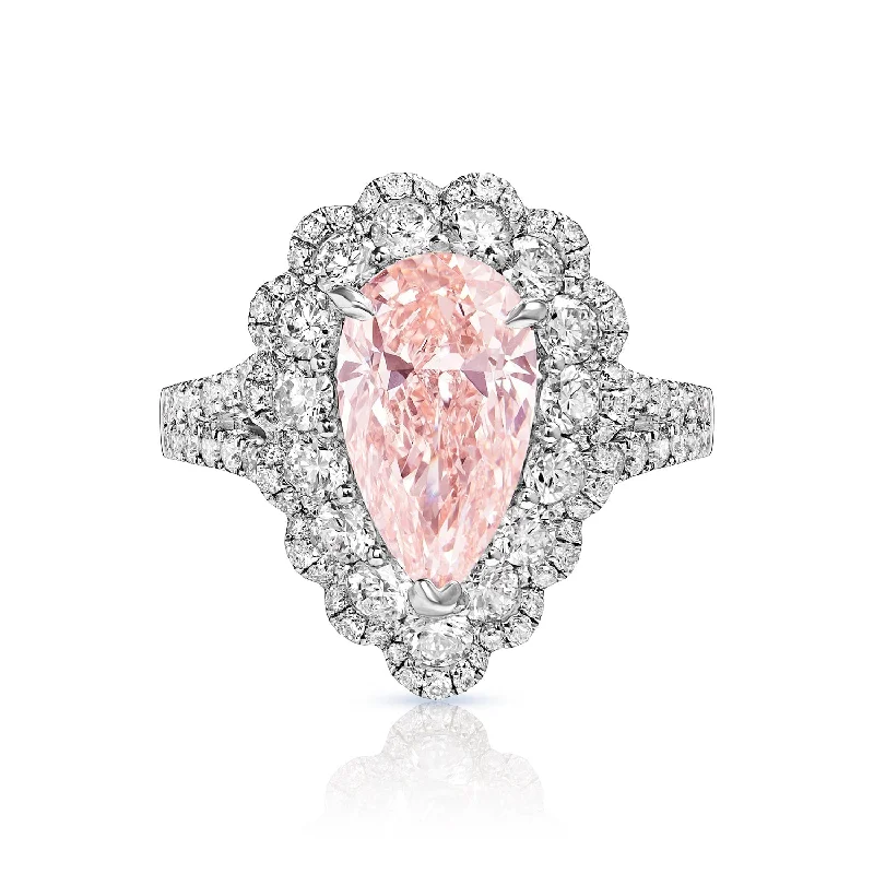 women platinum engagement rings -Isabel 5 Carat Fancy Intense Orangey Pink VS1 Pear Shape  Diamond Engagement Ring in 18 Karat White Gold