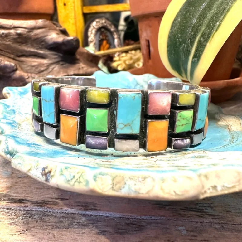 women gemstone bangles -Sterling Silver Turquoise Gemstone Confetti Cuff Bracelet