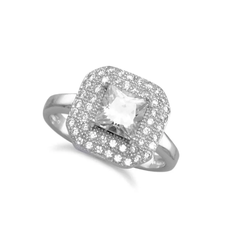 women high-quality rings -Octagon Shape Pave Cubic Zirconia Ring with Square CZ Center Rhodium on Silver