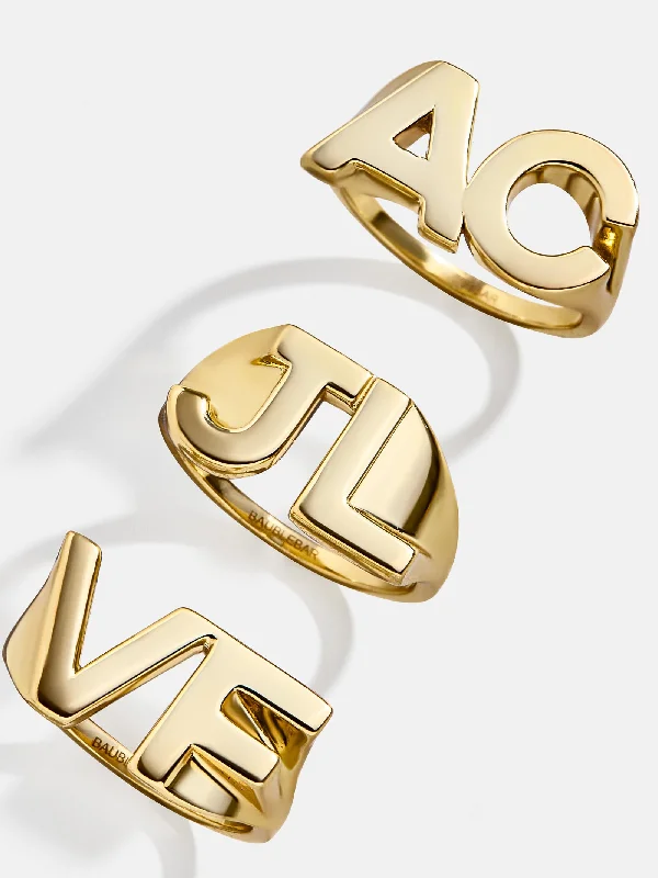 women simple gold rings -18K Gold Double Initial Custom Block Ring - Gold