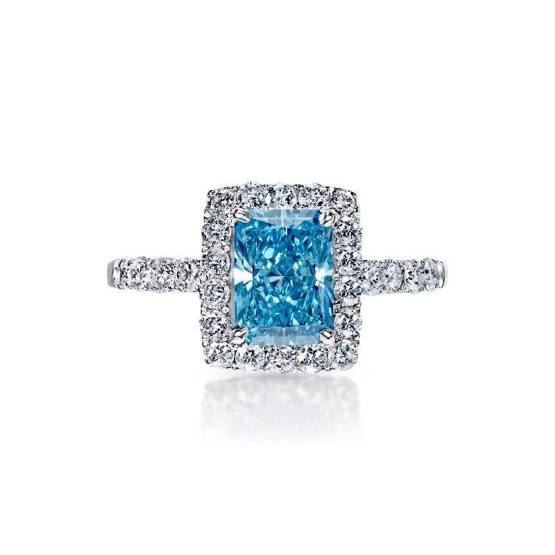 women vintage-inspired engagement rings -LYDIA 2 Carat Fancy Vivid Greenish Blue VS1 Radiant Cut Lab Grown Diamond Engagement Ring in 14k White Gold. IGI Certified