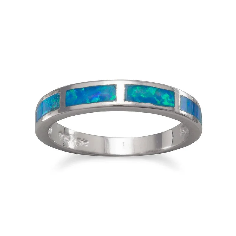 women platinum rings -Synthetic Blue Opal Band Ring Inlaid Synthetic Stone Polished Finish 3mm Wide