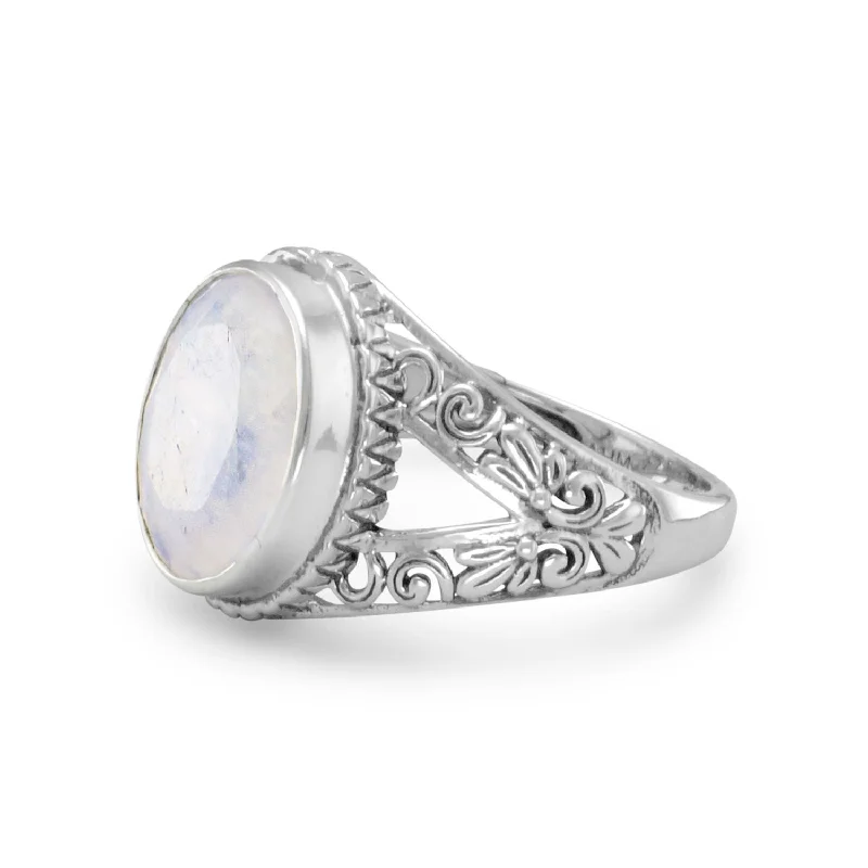 women men’s rings -Rainbow Moonstone Ring with Scroll Design Split Band Antiqued Sterling Silver