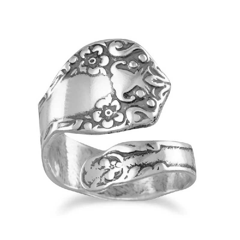 women silver engagement rings -Spoon Ring Oxidized Sterling Silver Floral Design