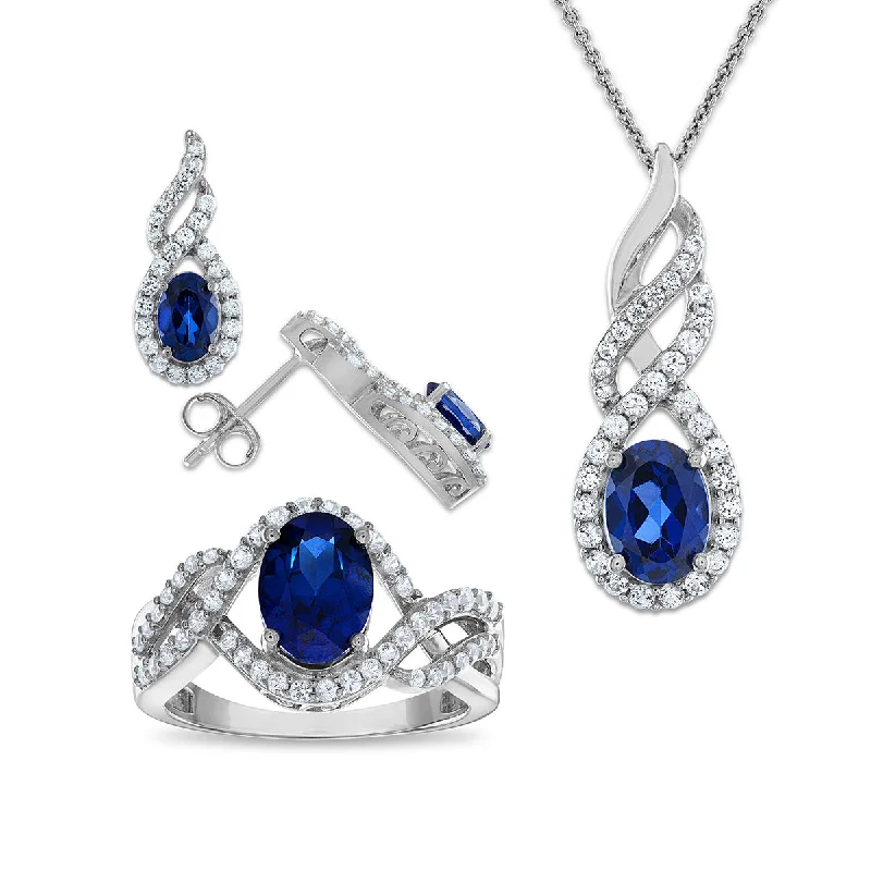 women modern hoop earrings -Blue and White Sapphire Ring Pendant Earrings Set in Sterling Silver