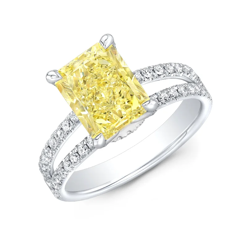 women eternity engagement rings -1.86 Ct Rectangle Radiant Cut Fancy Yellow Split Shank Engagement Ring VVS1 GIA Certified