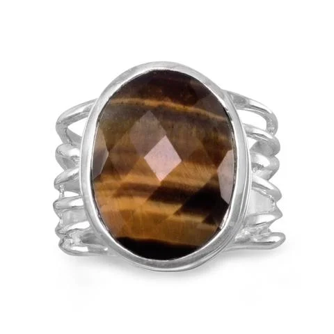 women simple gold rings -Tiger Eye Faceted Oval Multilayer Band Sterling Silver Ring