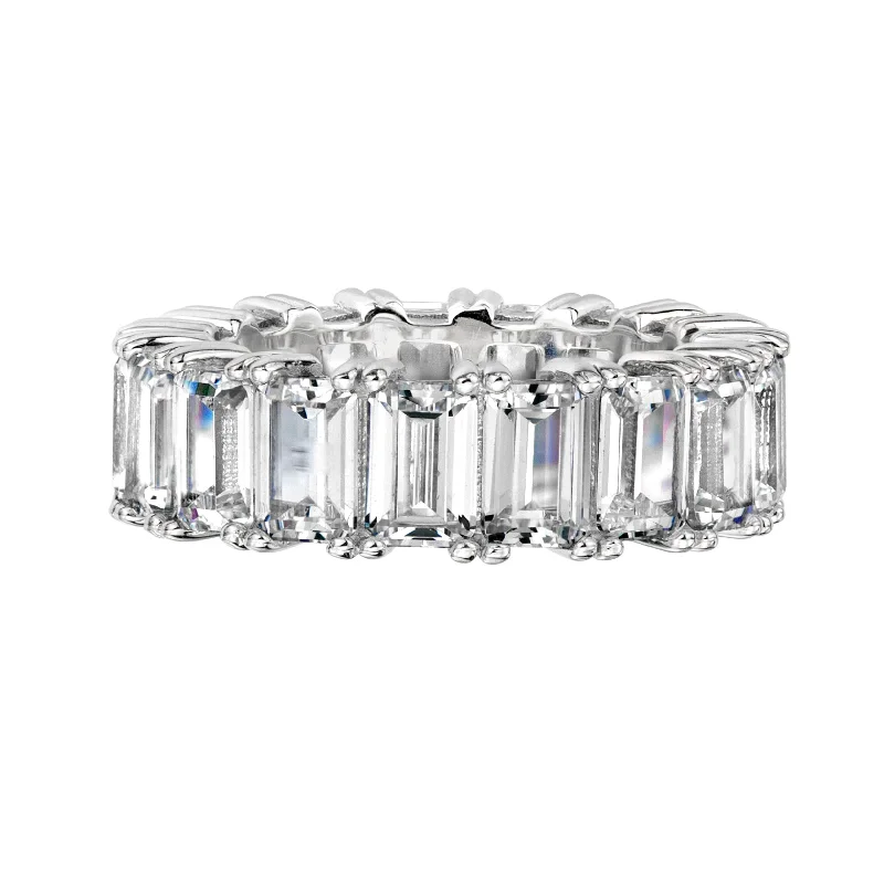 women wedding ring sets -Sterling Silver 4 Prong Emerald Cut Eternity Ring Band