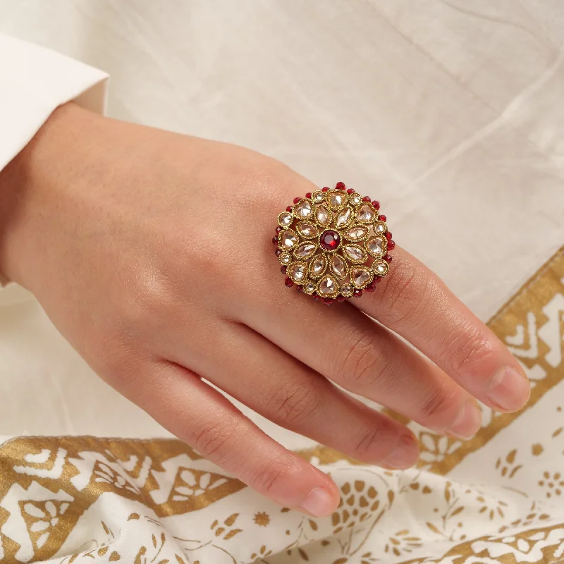 women simple gold rings -Classic Floral Oversized Ring in Maroon