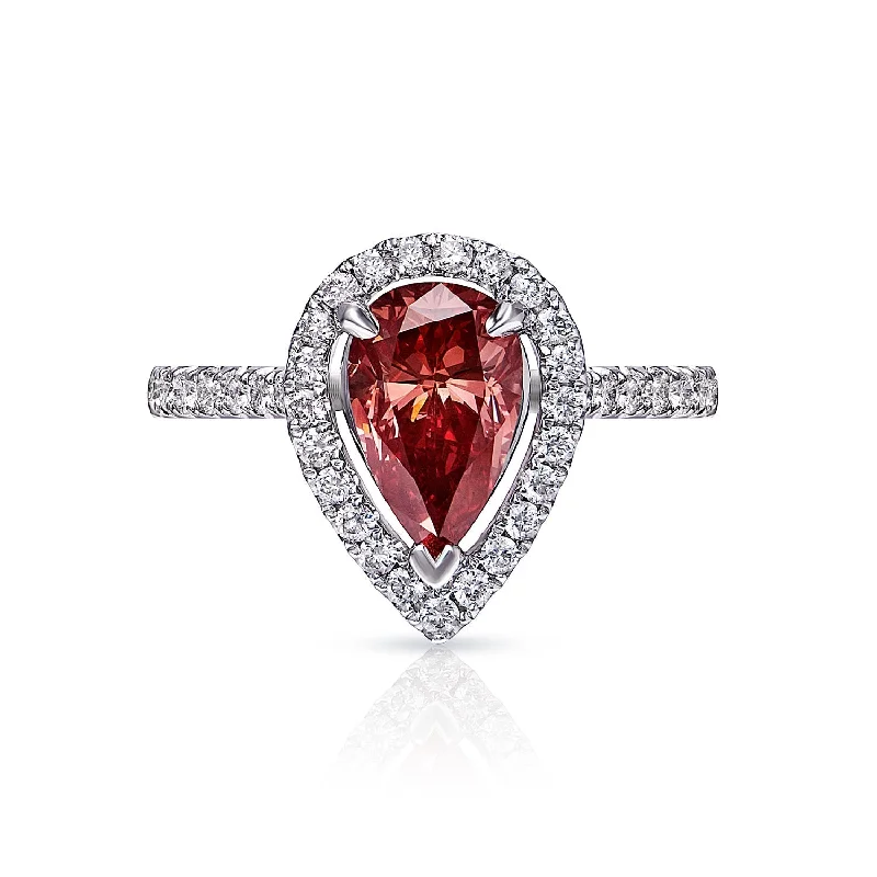 women matching wedding rings and engagement rings -ROUGE P 2 Carat Fancy Red Pear Shape Diamond Engagement Ring in 18kt White Gold with Halo GIA Certificate