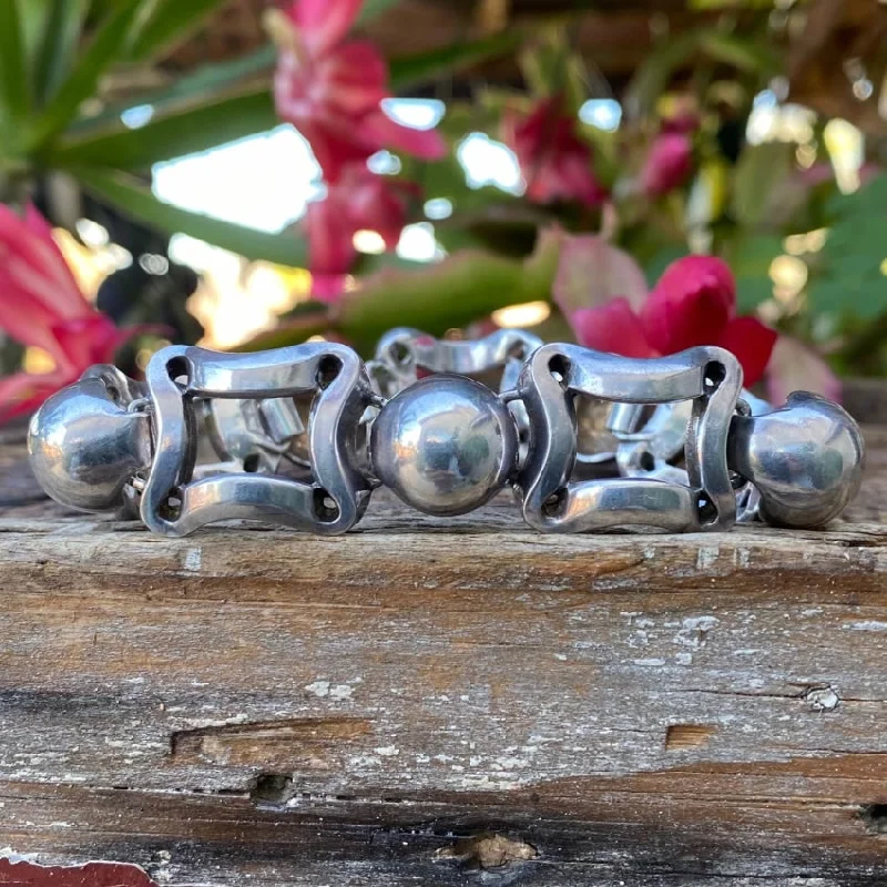 women statement bangles -Heavy Vintage Sterling Silver Orb Chain Bracelet