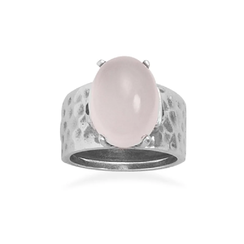 women ruby rings -Pink Rose Quartz Wide Band Ring Hammered Sterling Silver, 9