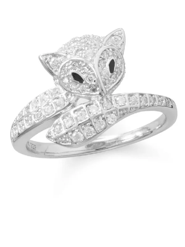 women minimalist rings -Cute Fox Wrap Ring with 63 Sparkling Cubic Zirconia Rhodium on Sterling Silver