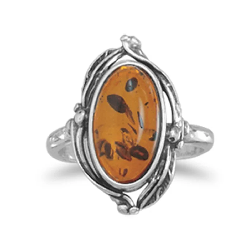 women diamond band rings -Baltic Amber Ring Leaf Design Size 7