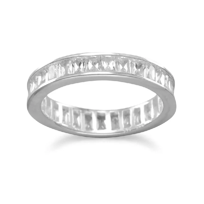 women platinum diamond rings -Eternity Band Ring with Baguette Cut Cubic Zirconia Sterling Silver