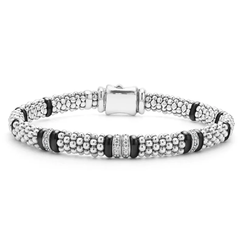 women bridal bracelets -Lagos Black Caviar 6mm Four Station Diamond Caviar Bracelet