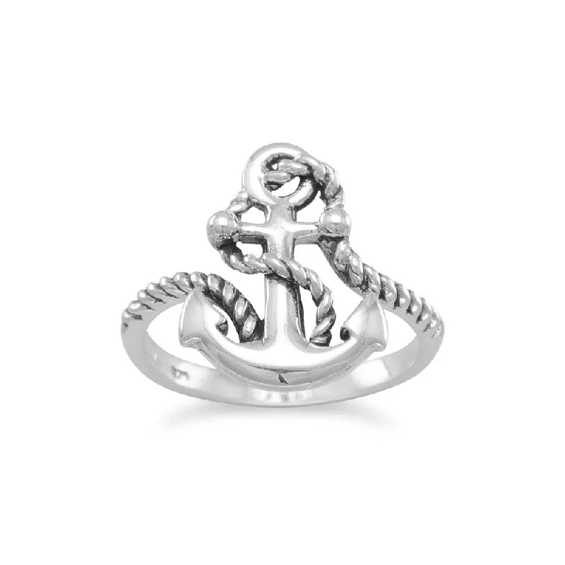 women gemstone rings -Anchor with Rope Nautical Ring Sterling Silver